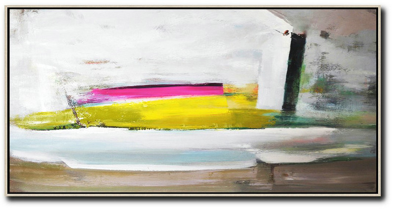 Hand Made Abstract Art,Horizontal Palette Knife Contemporary Art Panoramic Canvas Painting,Contemporary Art Acrylic Painting,White,Brown,Yellow,Pink.etc